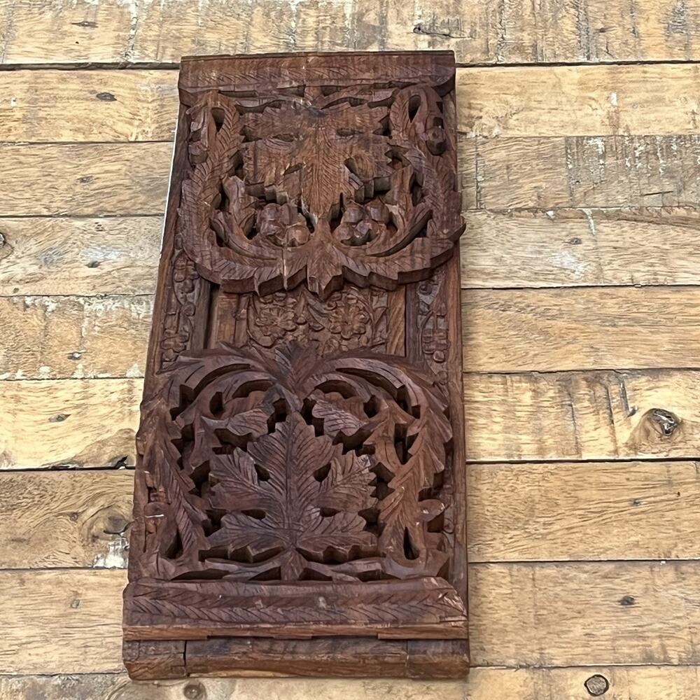 Hand Carved Wooden Bookend Intricate Leaf & Floral Designs Foldable Expandable
